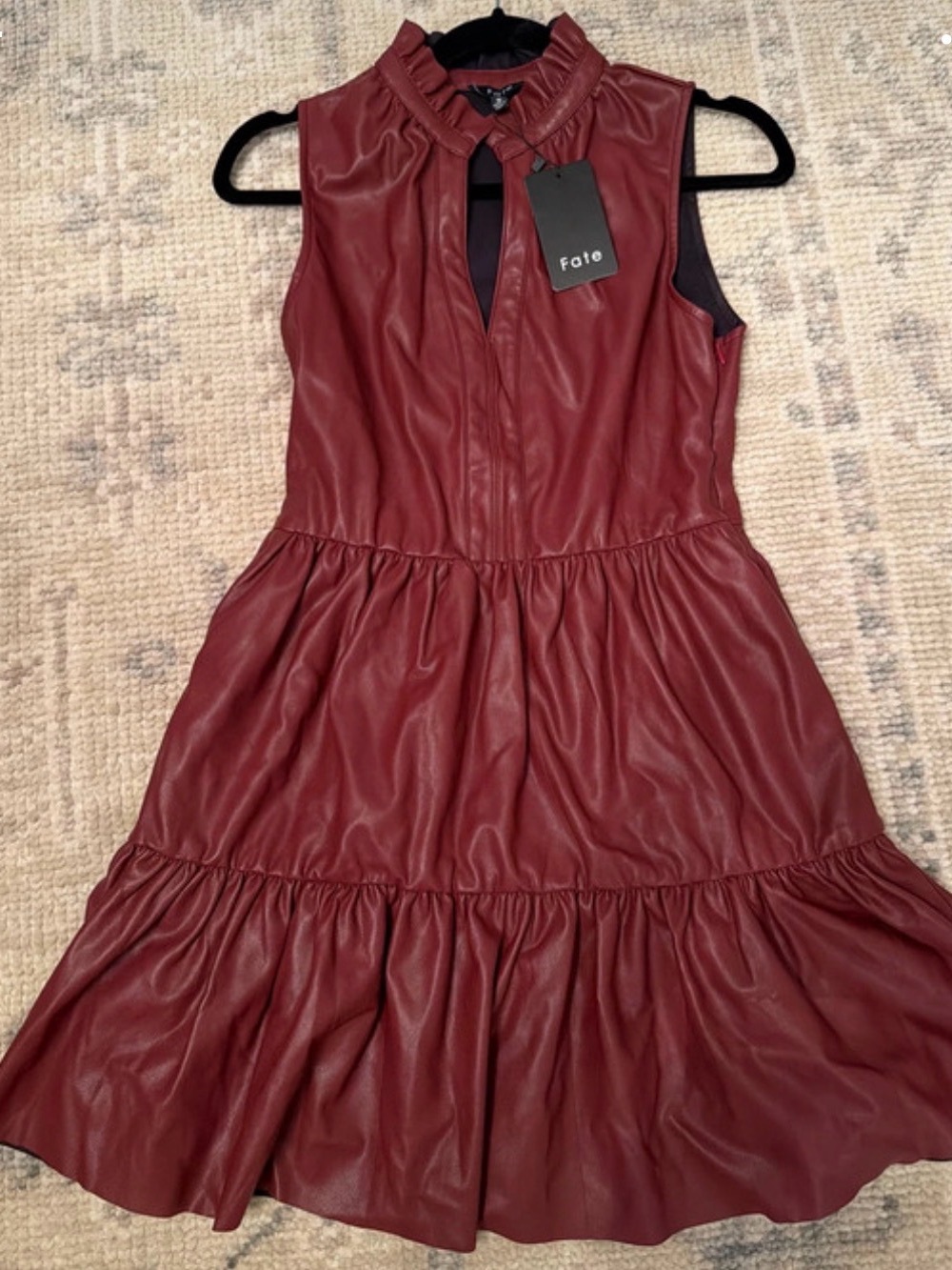 Fate Sleeveless Faux Leather Tiered Dress in Wine